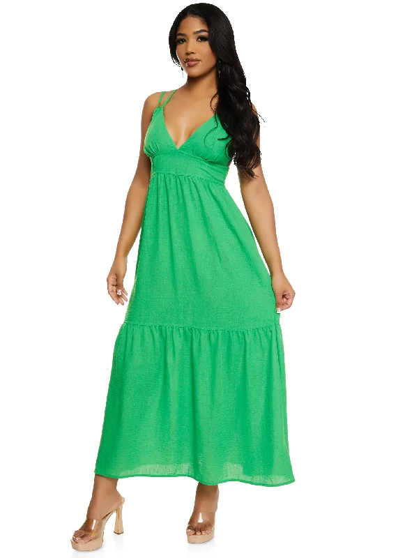 Maxi dresses with bow accents at the waist for a sweet appearanceHaute Monde Linen Plunge Tiered Maxi Dress Maxi dresses with bow accents at the waist for a sweet appearanceHaute Monde Linen Plunge Tiered Maxi Dress