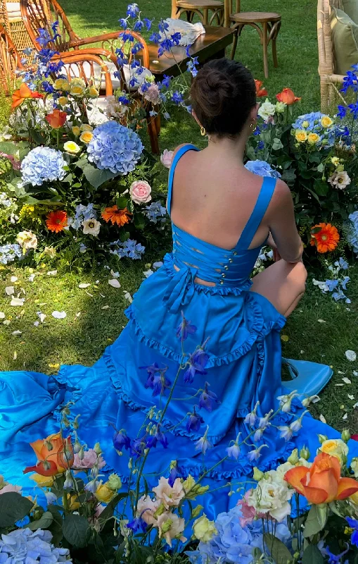Printed maxi dresses with abstract patterns for an artistic lookLady Corset Dress ~ Blue Luxe Satin Printed maxi dresses with abstract patterns for an artistic lookLady Corset Dress ~ Blue Luxe Satin