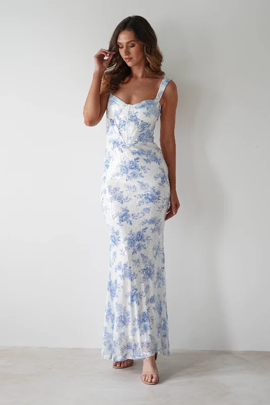 Polyester maxi dresses for easy - care and durabilityLynelle Floral Sequin Maxi Dress | Blue/White Polyester maxi dresses for easy - care and durabilityLynelle Floral Sequin Maxi Dress | Blue/White