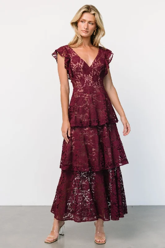 Maxi dresses with a keyhole back for a sexy detailMargot Lace Tiered Maxi Dress | Wine Maxi dresses with a keyhole back for a sexy detailMargot Lace Tiered Maxi Dress | Wine