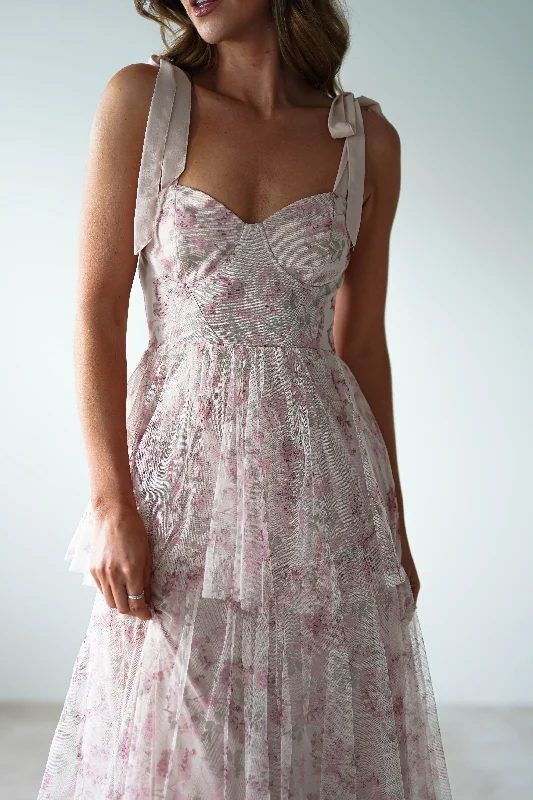 Maxi dresses with cut - out details on the sides for a modern edgeMaribella Tulle Floral Maxi Dress | Cream Maxi dresses with cut - out details on the sides for a modern edgeMaribella Tulle Floral Maxi Dress | Cream
