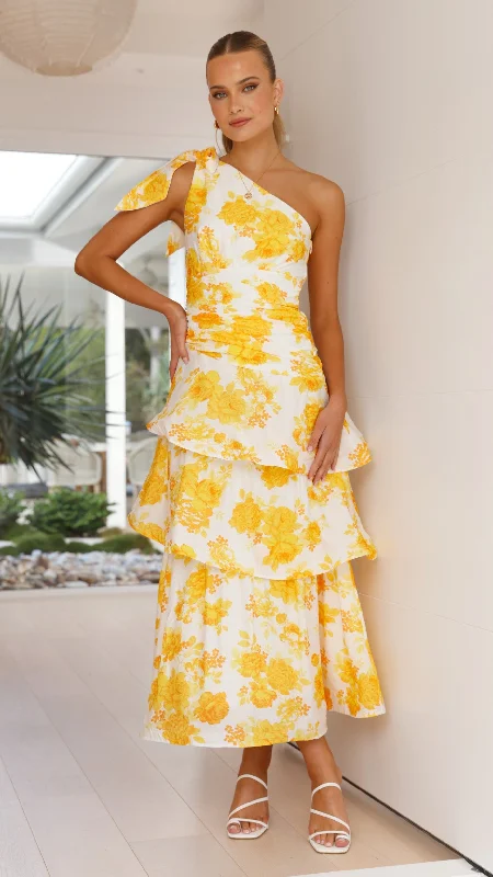 Sheer maxi dresses with lace overlays for a romantic touchOdilie One Shoulder Maxi Dress - Yellow Floral Sheer maxi dresses with lace overlays for a romantic touchOdilie One Shoulder Maxi Dress - Yellow Floral