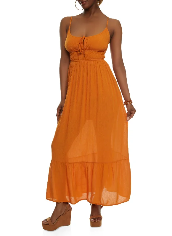 Satin maxi dresses with a high - low hem for a modern twistGauze Knit Tie Front Tiered Maxi Dress Satin maxi dresses with a high - low hem for a modern twistGauze Knit Tie Front Tiered Maxi Dress