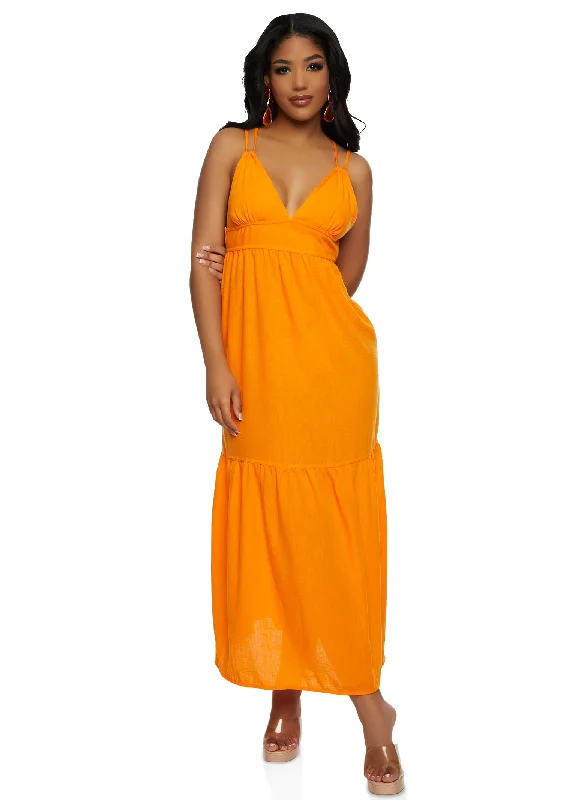 Maxi dresses with side slits for a touch of allureHaute Monde Linen Plunge Tiered Maxi Dress