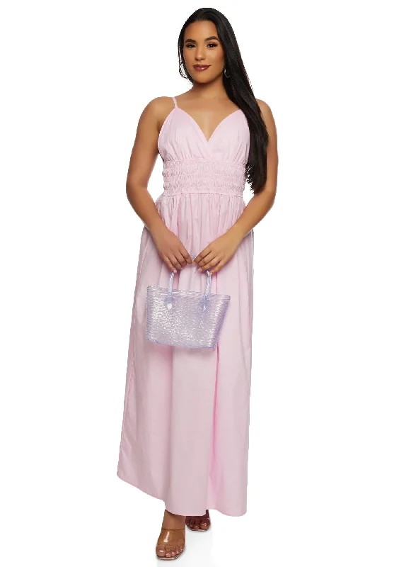 Maxi dresses with fringe trim for a bohemian vibeHaute Monde Smocked Waist Plunge Maxi Dress