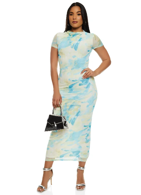 Maxi dresses with a button - down front for a classic lookIris Mesh Printed Short Sleeve Midi Dress