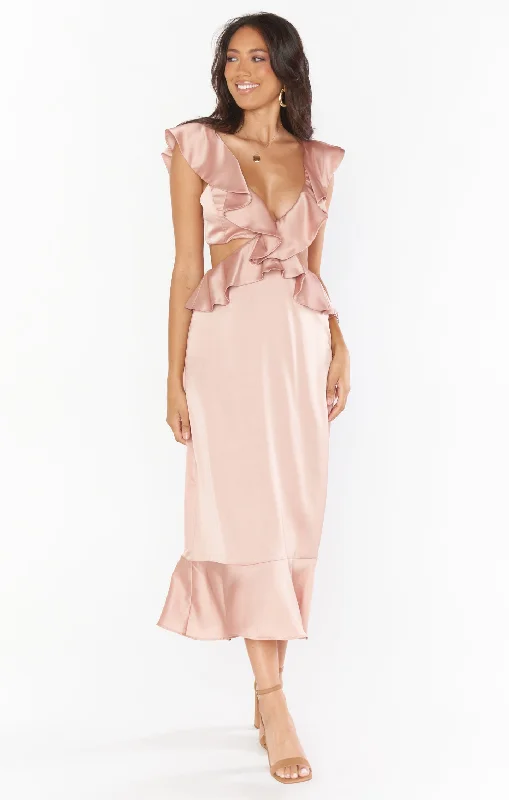 Maxi dresses with a wrap - around style for a customizable fitZoey Midi Dress ~ Rose Gold Luxe Satin Maxi dresses with a wrap - around style for a customizable fitZoey Midi Dress ~ Rose Gold Luxe Satin