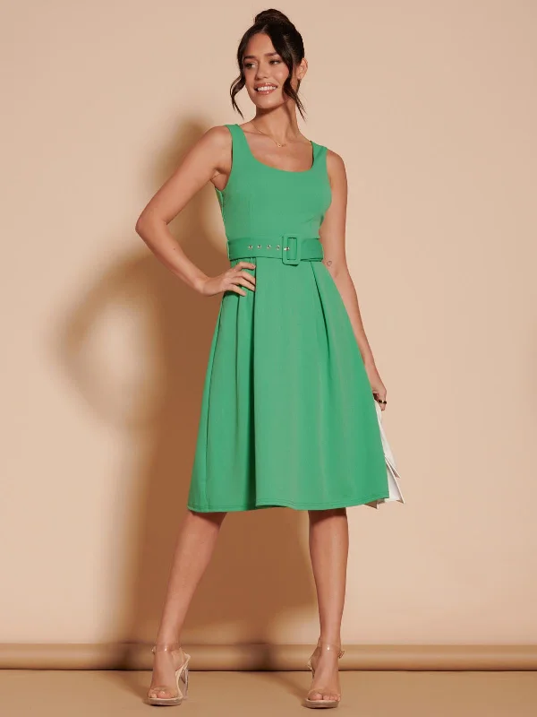 Midi dresses with embroidered accents for a unique and detailed design1950's Inspired Belted Swing Dress, Green Midi dresses with embroidered accents for a unique and detailed design1950's Inspired Belted Swing Dress, Green