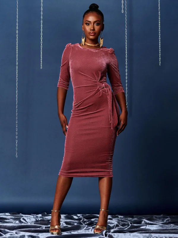 Midi dresses with pleated skirts for a timeless and elegant appeal3/4 Sleeve Tie Detail Velvet Midi Dress, Pink Midi dresses with pleated skirts for a timeless and elegant appeal3/4 Sleeve Tie Detail Velvet Midi Dress, Pink