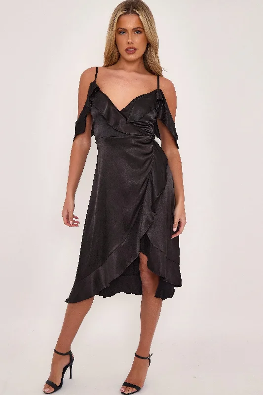 Midi dresses with polka dot prints for a playful summer outfitAftershock London Black Off Shoulder Satin Midi Dress
