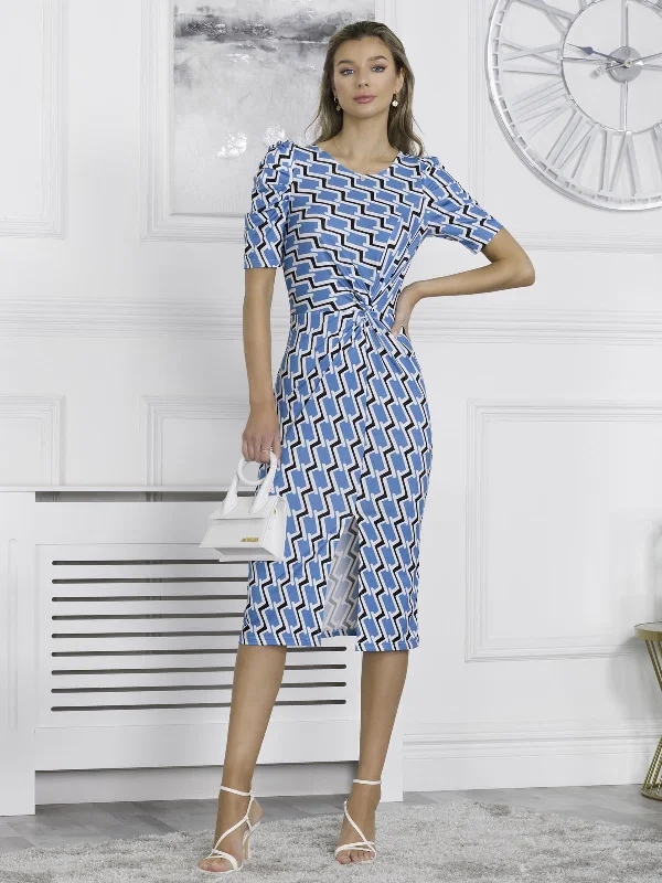 Midi dresses with embroidered accents for a unique and detailed designArica Jersey Puff Sleeve Bodycon Midi Dress, Blue Geo Midi dresses with embroidered accents for a unique and detailed designArica Jersey Puff Sleeve Bodycon Midi Dress, Blue Geo