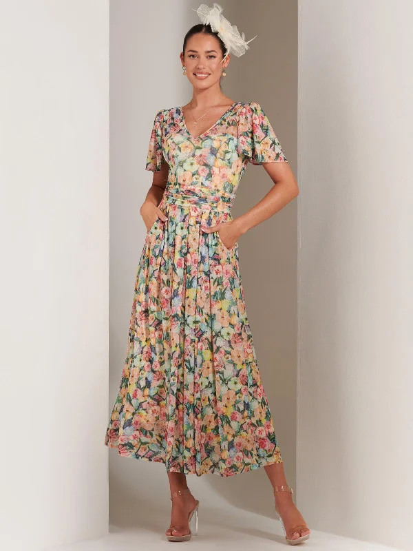 Midi dresses with V - necklines for a flattering and elongating effectBianca V-Neck Pleated Mesh Maxi Dress, Yellow Floral Midi dresses with V - necklines for a flattering and elongating effectBianca V-Neck Pleated Mesh Maxi Dress, Yellow Floral