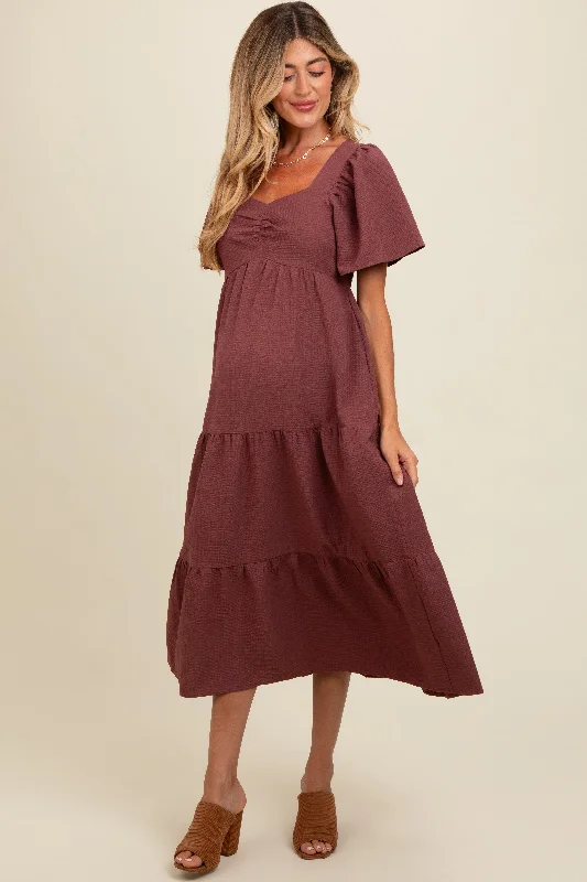 High - low midi dresses with geometric patterns for a modern partyBurgundy Sweetheart Neck Short Puff Sleeve Tiered Maternity Midi Dress High - low midi dresses with geometric patterns for a modern partyBurgundy Sweetheart Neck Short Puff Sleeve Tiered Maternity Midi Dress