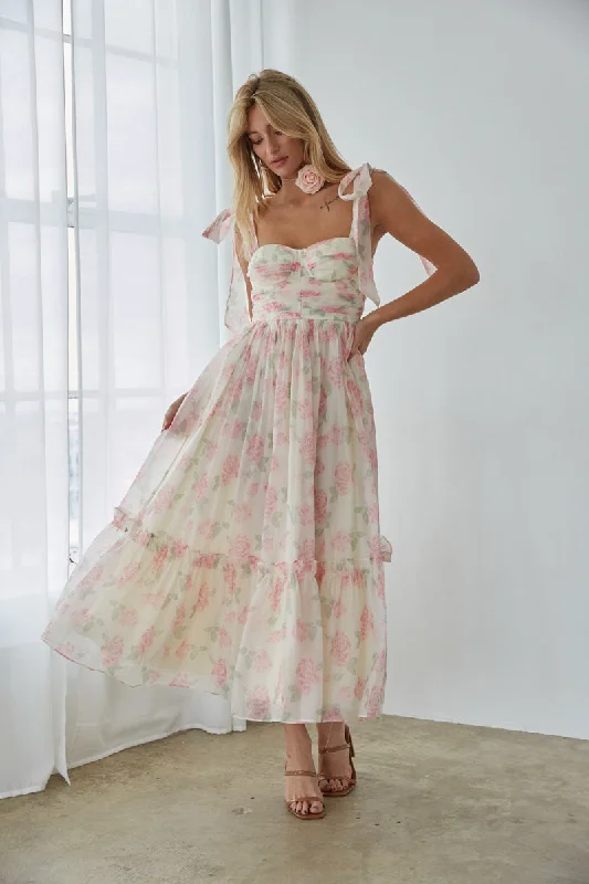 Midi dresses with pom - pom trims for a playful and festive lookCeline Floral Tie Strap Bustier Maxi Dress Midi dresses with pom - pom trims for a playful and festive lookCeline Floral Tie Strap Bustier Maxi Dress