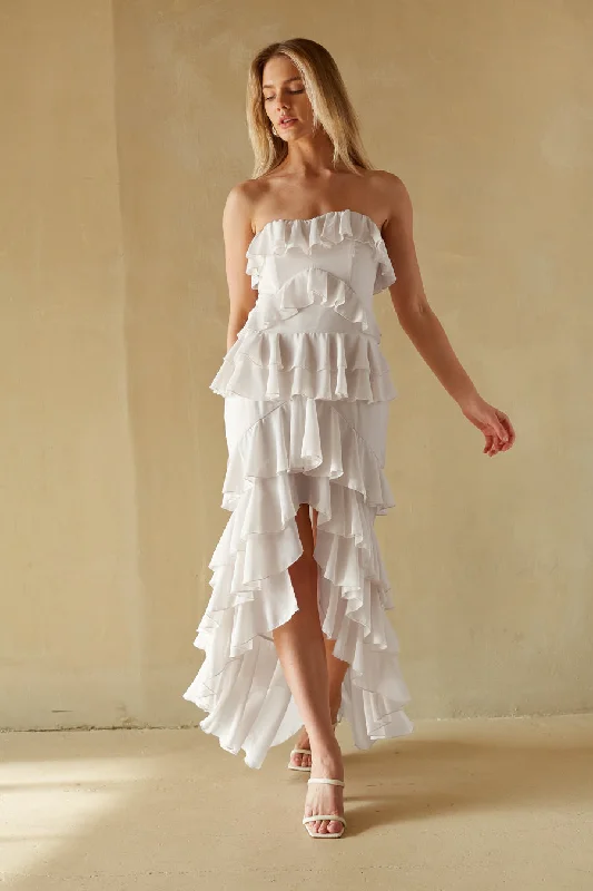 Midi dresses with denim fabric for a casual yet stylish day outClementine Strapless High Low Ruffle Maxi Dress Midi dresses with denim fabric for a casual yet stylish day outClementine Strapless High Low Ruffle Maxi Dress