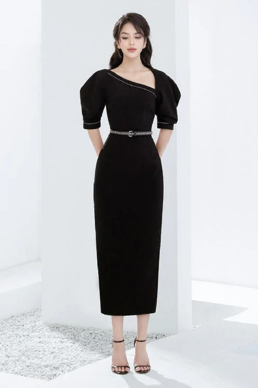 Midi dresses with geometric cutouts for a contemporary and edgy lookCloria Pencil Asymmetric Neck Punto Midi Dress Midi dresses with geometric cutouts for a contemporary and edgy lookCloria Pencil Asymmetric Neck Punto Midi Dress