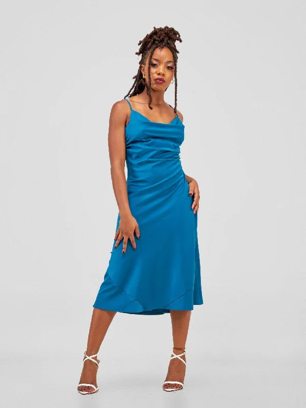 Satin Cowl Neck Slip Dress - Teal