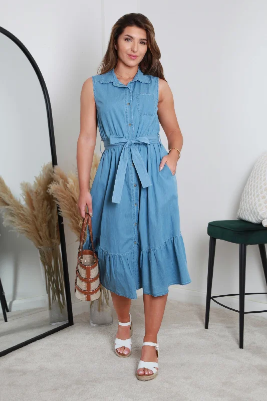 Midi dresses with button - down skirts for a unique and functional designDouble Second Belted Denim Chambray Shirt Dress Midi dresses with button - down skirts for a unique and functional designDouble Second Belted Denim Chambray Shirt Dress