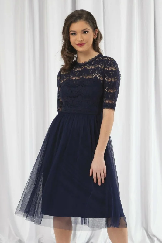 Midi dresses with ruched sleeves for a more fitted and stylish arm lookDouble Second Navy Lace Dress With Tulle Skirt Midi dresses with ruched sleeves for a more fitted and stylish arm lookDouble Second Navy Lace Dress With Tulle Skirt