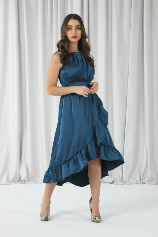 Midi dresses with off - the - shoulder necklines for a flirty lookDouble Second Teal Sleeveless Satin Frill Hem Wrap Dress Midi dresses with off - the - shoulder necklines for a flirty lookDouble Second Teal Sleeveless Satin Frill Hem Wrap Dress