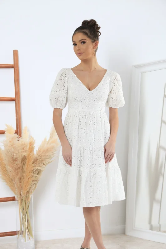 Midi dresses with tiered skirts for a bohemian festival lookDouble Second White Tiered Broderie Dress Midi dresses with tiered skirts for a bohemian festival lookDouble Second White Tiered Broderie Dress