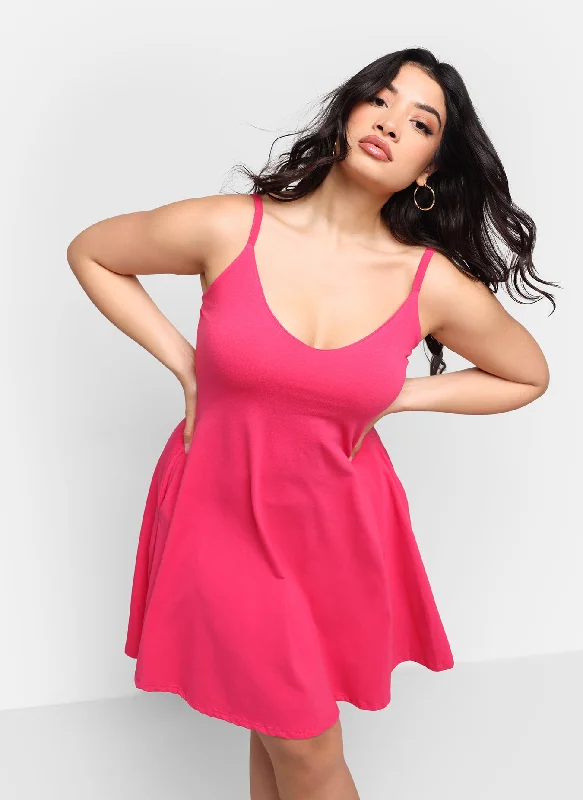 Midi dresses with wrap - around skirts for a customizable fitEssential V Neck Strappy Mini Skater Dress W. Pockets - Fuchsia Midi dresses with wrap - around skirts for a customizable fitEssential V Neck Strappy Mini Skater Dress W. Pockets - Fuchsia