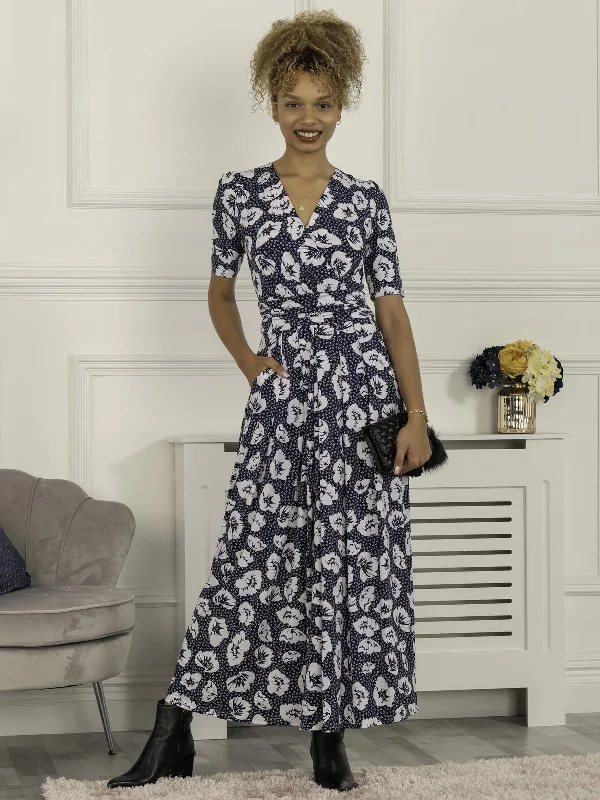 A - line midi dresses with floral prints for spring brunchesEvita Floral Print Maxi Jersey Dress, Navy White Floral A - line midi dresses with floral prints for spring brunchesEvita Floral Print Maxi Jersey Dress, Navy White Floral