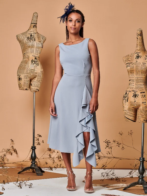 Midi dresses with ruffled bodices for a more pronounced feminine lookFit & Flare Ruffle Detail Midi Dress, Dusky Blue Midi dresses with ruffled bodices for a more pronounced feminine lookFit & Flare Ruffle Detail Midi Dress, Dusky Blue