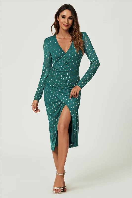Midi dresses with polka dot prints for a playful summer outfitFS Collection Foil Mesh Long Sleeve Midi Dress In Green Midi dresses with polka dot prints for a playful summer outfitFS Collection Foil Mesh Long Sleeve Midi Dress In Green