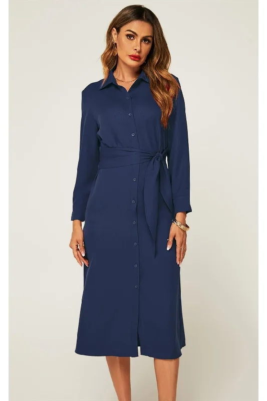 Plaid midi dresses for a fall - themed family gatheringFS Collection Navy Midi Shirt Dress With Tie Waist Plaid midi dresses for a fall - themed family gatheringFS Collection Navy Midi Shirt Dress With Tie Waist