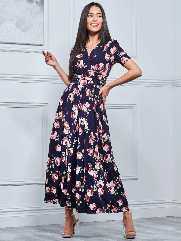 Midi dresses with tiered skirts for a bohemian festival lookKiera Wrap Front Maxi Dress, Navy Floral Midi dresses with tiered skirts for a bohemian festival lookKiera Wrap Front Maxi Dress, Navy Floral