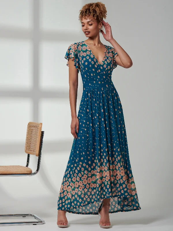Midi dresses with keyhole backs for a flirty and unexpected detailKora Cap Sleeve Mesh Maxi Dress, Teal Floral Midi dresses with keyhole backs for a flirty and unexpected detailKora Cap Sleeve Mesh Maxi Dress, Teal Floral