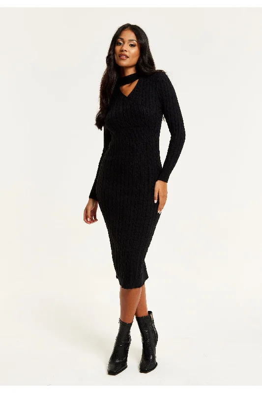 Midi dresses with ruffled hems for a romantic date nightLiquorish Cut Out Front Cable Knit Midi Dress In Black Midi dresses with ruffled hems for a romantic date nightLiquorish Cut Out Front Cable Knit Midi Dress In Black