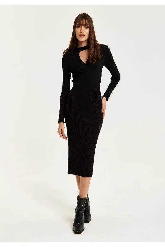 Midi dresses with one - shoulder designs for a modern and asymmetric styleLiquorish Cut Out Front Ribbed Midi Knit Dress In Black Midi dresses with one - shoulder designs for a modern and asymmetric styleLiquorish Cut Out Front Ribbed Midi Knit Dress In Black