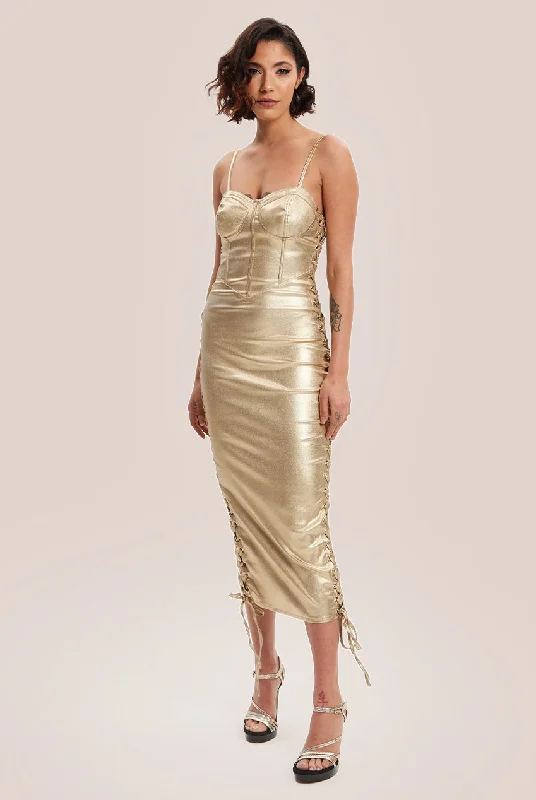 Midi dresses with cotton - blend materials for everyday comfortLiquorish Metallic Foil Gold Lycra Eyelet Dress Midi dresses with cotton - blend materials for everyday comfortLiquorish Metallic Foil Gold Lycra Eyelet Dress