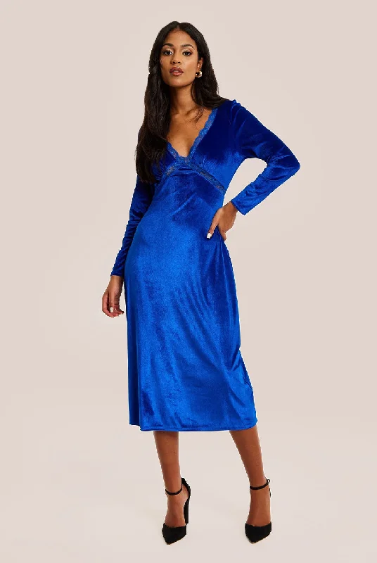 Midi dresses with V - necklines for a flattering and elongating effectLiquorish Royal Blue Velvet Midi Dress With Lace Details Midi dresses with V - necklines for a flattering and elongating effectLiquorish Royal Blue Velvet Midi Dress With Lace Details