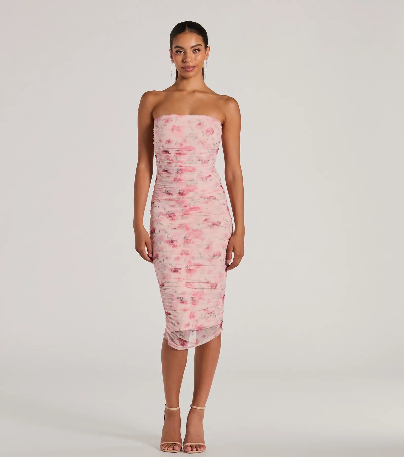 Midi dresses with bow accents for a sweet and charming lookLove And Floral Strapless Mesh Midi Dress Midi dresses with bow accents for a sweet and charming lookLove And Floral Strapless Mesh Midi Dress
