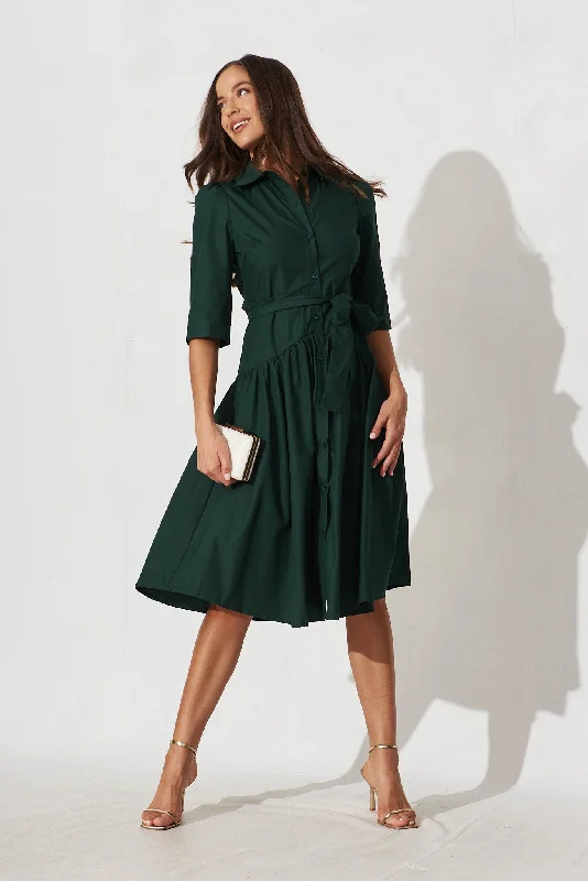 Midi dresses with embroidered accents for a unique and detailed designMarie Midi Shirt Dress In Emerald Cotton Midi dresses with embroidered accents for a unique and detailed designMarie Midi Shirt Dress In Emerald Cotton
