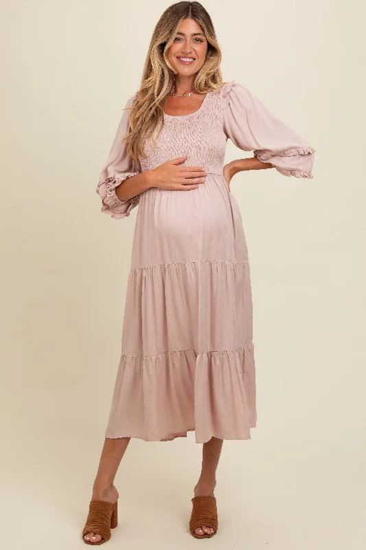 Midi dresses with satin - finish fabrics for a luxurious feelMauve Smocked Ruffle Shoulder Tiered Maternity Midi Dress Midi dresses with satin - finish fabrics for a luxurious feelMauve Smocked Ruffle Shoulder Tiered Maternity Midi Dress