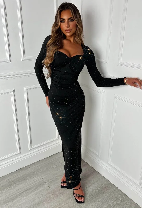 Sheath midi dresses with beaded embellishments for a formal occasionMilly-Rae Black Diamante Long Sleeve Sweetheart Neck Midi Dress Sheath midi dresses with beaded embellishments for a formal occasionMilly-Rae Black Diamante Long Sleeve Sweetheart Neck Midi Dress