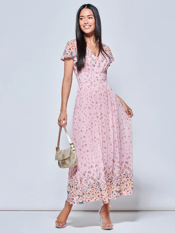 Midi dresses with satin - finish fabrics for a luxurious feelMirrored Floral Print Mesh Maxi Dress, Pink Multi Midi dresses with satin - finish fabrics for a luxurious feelMirrored Floral Print Mesh Maxi Dress, Pink Multi