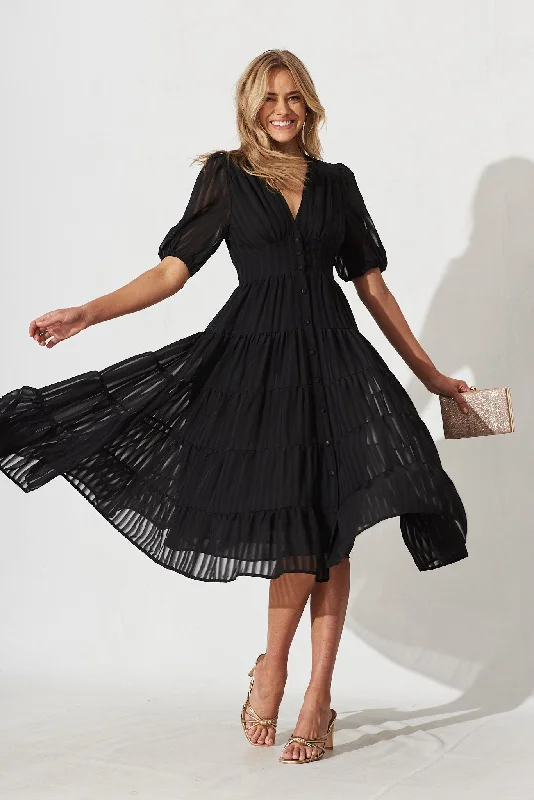 Midi dresses with belted waists to accentuate the figureModica Midi Dress In Black Chiffon Midi dresses with belted waists to accentuate the figureModica Midi Dress In Black Chiffon