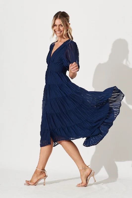 Midi dresses with button - down skirts for a unique and functional designModica Midi Dress In Navy Chiffon Midi dresses with button - down skirts for a unique and functional designModica Midi Dress In Navy Chiffon