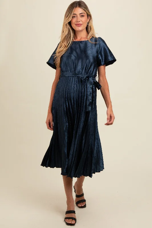 Midi dresses with gathered skirts for a full and flowing silhouetteNavy Satin Pleated Sash Tie Maternity Midi Dress Midi dresses with gathered skirts for a full and flowing silhouetteNavy Satin Pleated Sash Tie Maternity Midi Dress