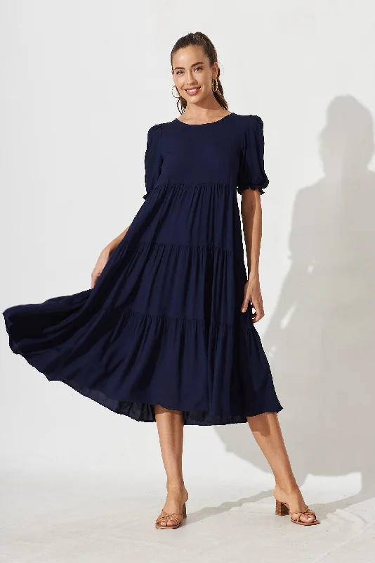 Midi dresses with mesh inserts for a trendy and breathable optionNevi Tiered Midi Dress In Navy Midi dresses with mesh inserts for a trendy and breathable optionNevi Tiered Midi Dress In Navy