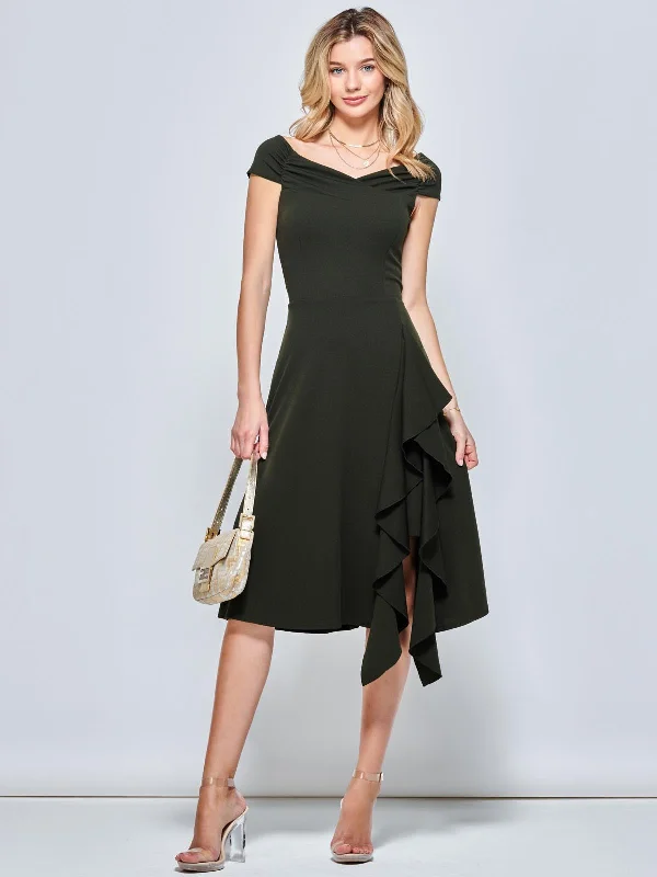 Midi dresses with printed lining for a hidden and stylish detailOff Shoulder Frill Ponte Midi Dress, Soldier Green Midi dresses with printed lining for a hidden and stylish detailOff Shoulder Frill Ponte Midi Dress, Soldier Green