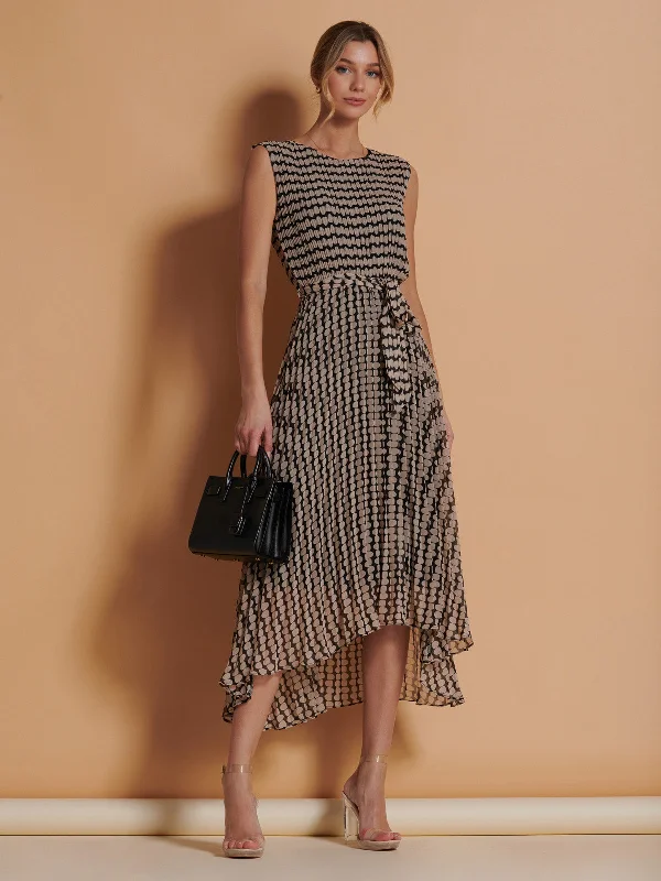 Midi dresses with fringe details for a fun and energetic stylePleated Chiffon High Low Maxi Dress, Stone/Black Midi dresses with fringe details for a fun and energetic stylePleated Chiffon High Low Maxi Dress, Stone/Black