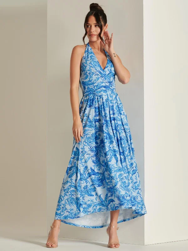 Midi dresses with pleated skirts for a timeless and elegant appealPlunge Neck Shirred Back Maxi Dress, Blue Midi dresses with pleated skirts for a timeless and elegant appealPlunge Neck Shirred Back Maxi Dress, Blue