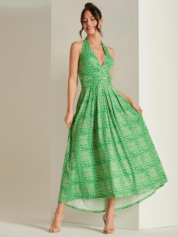 Midi dresses with empire waists for a flattering maternity optionPlunge Neck Shirred Back Maxi Dress, Green Geo Midi dresses with empire waists for a flattering maternity optionPlunge Neck Shirred Back Maxi Dress, Green Geo