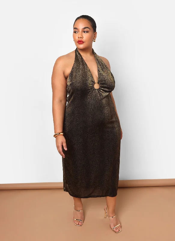 Midi dresses with mesh inserts for a trendy and breathable optionNala Snake Halter Ring Cut Out Midi Slip Dress Midi dresses with mesh inserts for a trendy and breathable optionNala Snake Halter Ring Cut Out Midi Slip Dress